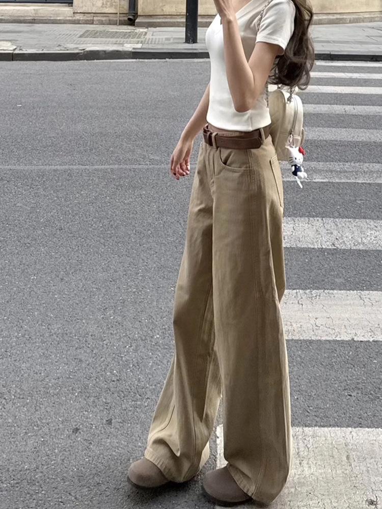 Petite Korean Style High-Waisted Khaki Wide-Leg Jeans for Women - Slimming, Loose, Casual, Straight Long Pants for Summer