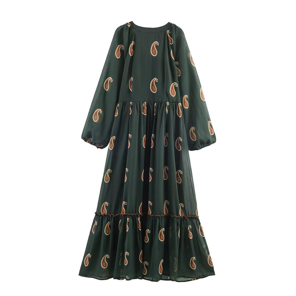 European and American spring new women's fashion temperament V-neck waist printing loose lantern sleeve dress