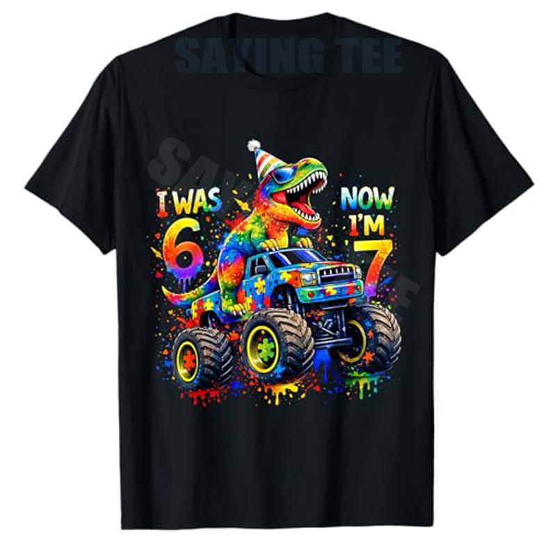 I Was Six Now Im Seven Dinosaur Autism Awareness Birthday TShirt Happy 7th Dinosaur Birthday for 67 Meme Boys Saying Tee Gifts S