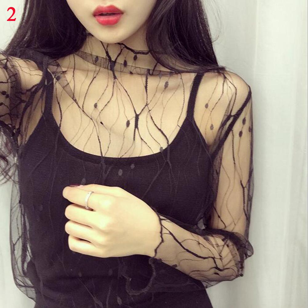 Black Sexy Women's T-shirt Fishnet Sheer Transparent Top Women Long Sleeve Bottoming Shirts Lace Mesh Tees Summer Sunscreen Tops