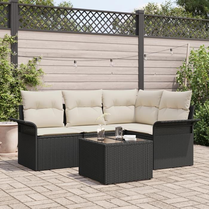 Ensemble de canapé de jardin de 4 pièces avec coussins marron poly rotin, Canapé de jardin 2 places avec rangement 3354016