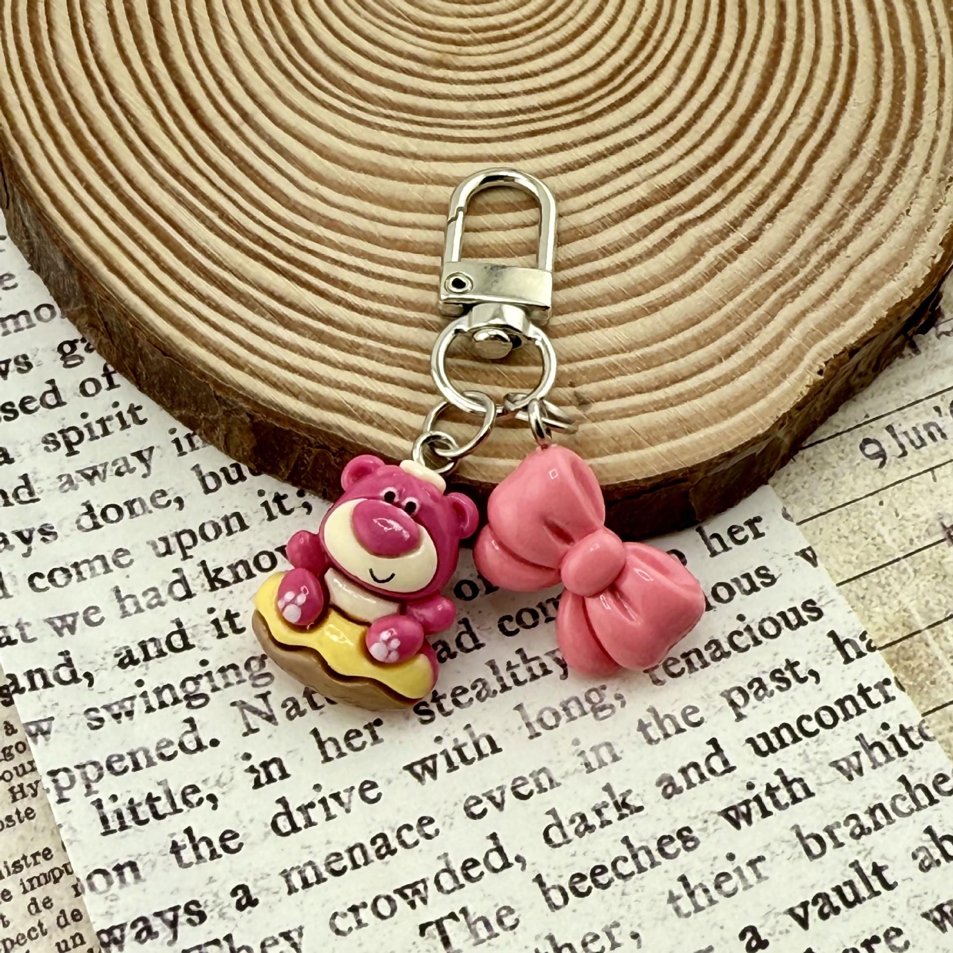 Soft Cute Strawberry Bear Keychain & Phone Lanyard with Bow - Cartoon Pendant for Couples, Friends, Backpacks
