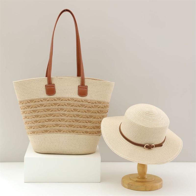 Woven Sun Hat And Large Capacity Straw Tote With Striped Pattern For Travel And Casual Wear