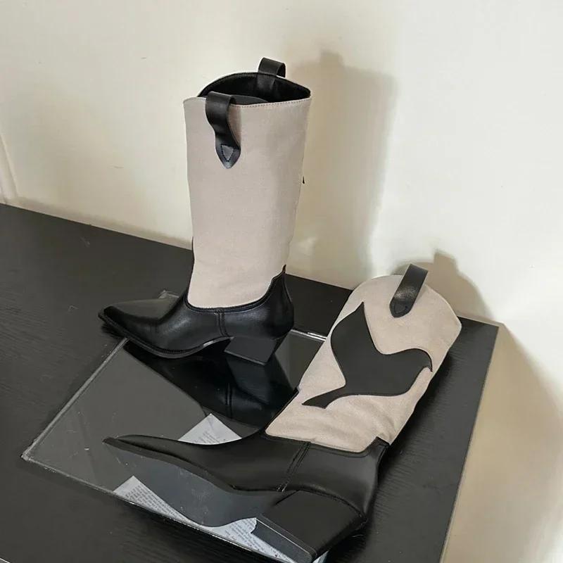 Luxury Pointed Toe Western Cowboy Boots Women  New Retro Knight Boots for Women Leather Splicing Chunky Heel Mid Calf Boots