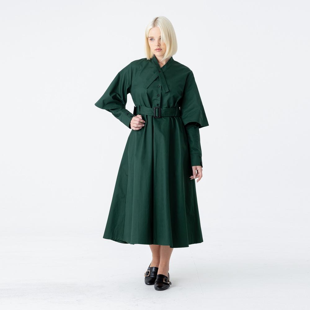 Bunderghost Tie-Neck Collar Flare Long Dress Green