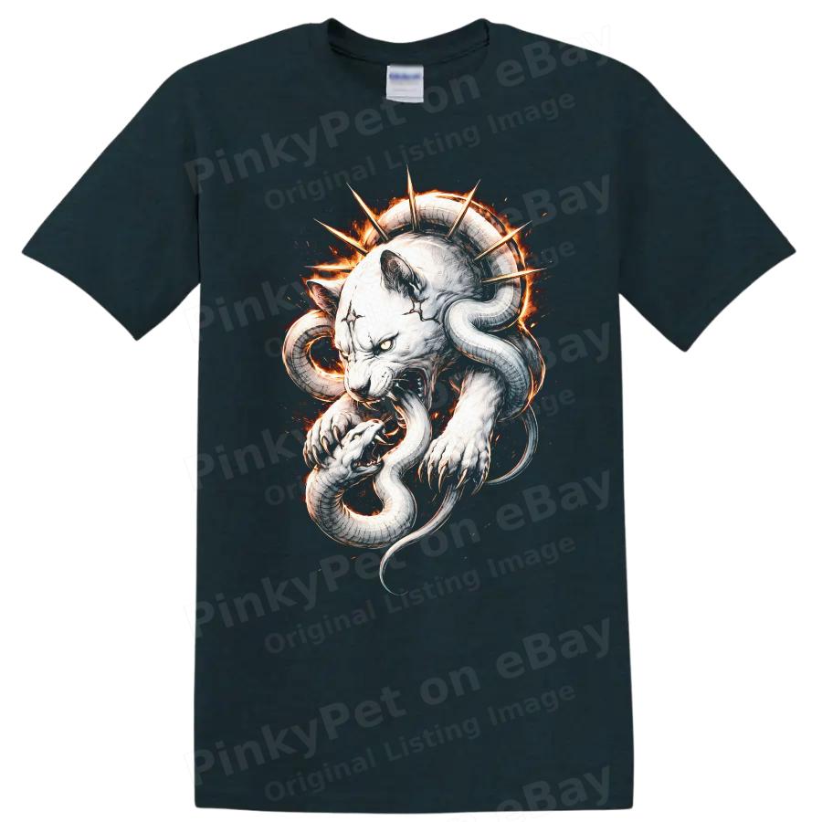 White Tiger W/ Snake Fire Design Graphic T Shirt Cool Animal Tee