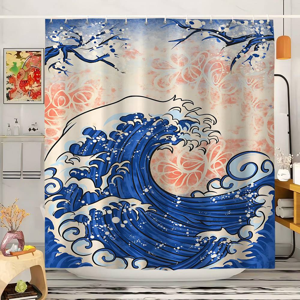 Japanese Style Koi Cherry Blossom Pattern Bathroom Shower Curtain Bathroom Partition Curtain Light Opaque Waterproof