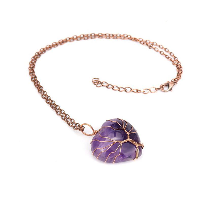 Ancient Red Copper Hand-Wound Peach Heart Natural Stone Heart-Shaped Powder Crystal Tree Of Life Necklace N519