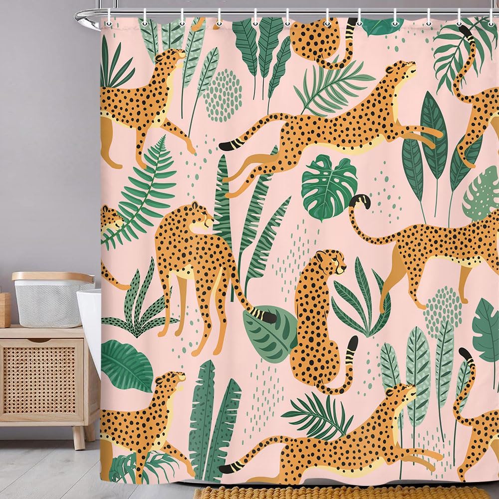 Pink Cheetah And Green Leaves Pattern Waterproof Shower Curtain 180X200Cm - Jungle Animal Print Bath Curtain For Kids Room Decor