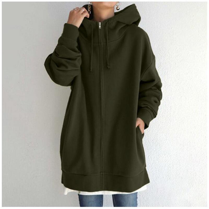 2025 Autumn Winter Women's Oversized Zip Hoodie, Stand Collar Plush Lined Long Hooded Coat for Streetwear
