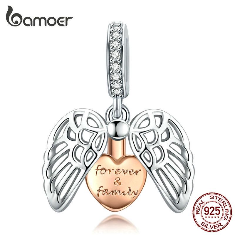 BAMOER Guardian Wings Family Anhänger Echt 925 Sterling Silber Charm für Frauen Silber Armband Herz