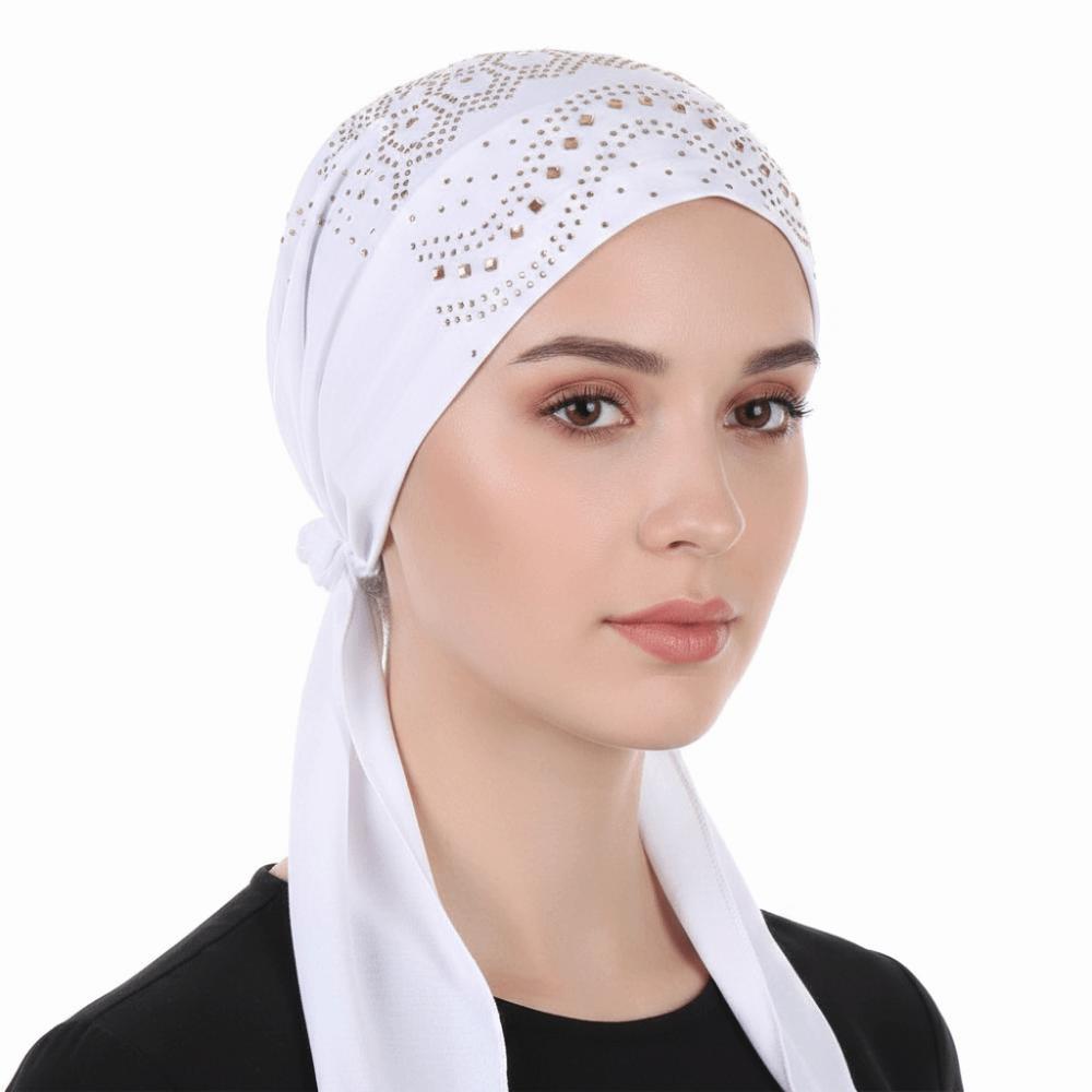 Solid Color Muslim Headscarf Hat Soft Elastic Rhinestone Hijab Caps Casual Wear