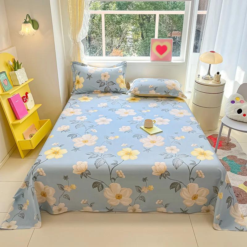 Botanical Floral Flat Sheet Twin Queen Garden Flower Bed Sheet Set Soft Cotton Pastoral Wildflowers Bed Cover with 2 Pillowcases