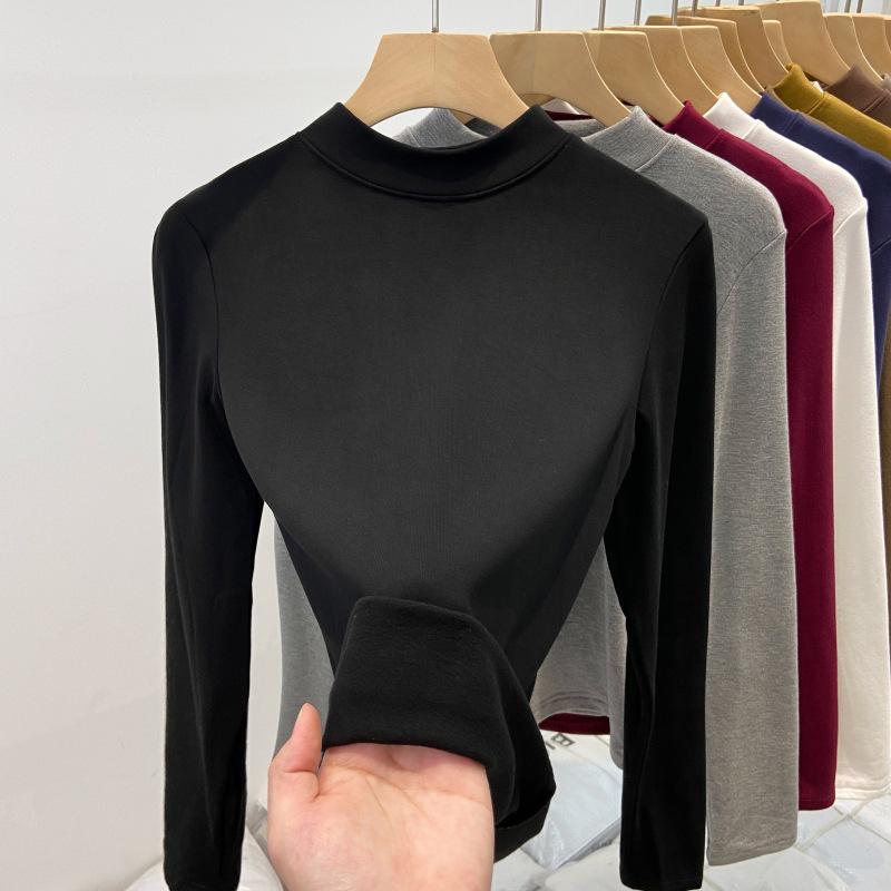 Top Base in Pile con Collo Alto da Donna - Stile Coreano, Manica Lunga, Sottile, Caldo, Ideale per Autunno e Inverno