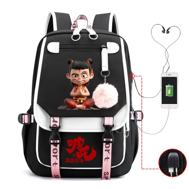 Cartoon Movie Nezha Printing Leisure Burden Reduction Travel Bag Backpack Multi-Function Large Capacity Usb Student Schoolbag