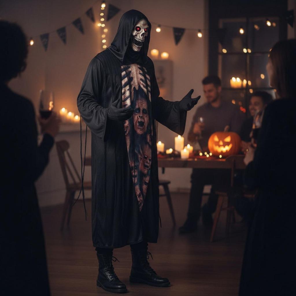 Tattered Skeleton Robe Costume Full-Length Skeletal Print Halloween