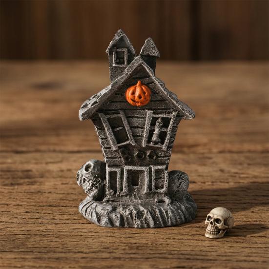 Halloween Haunted House Ornament, Resin Haunted House Miniature, Dark Haunted House Shape with Skull Elements Desktop Decoration for Halloween Micro