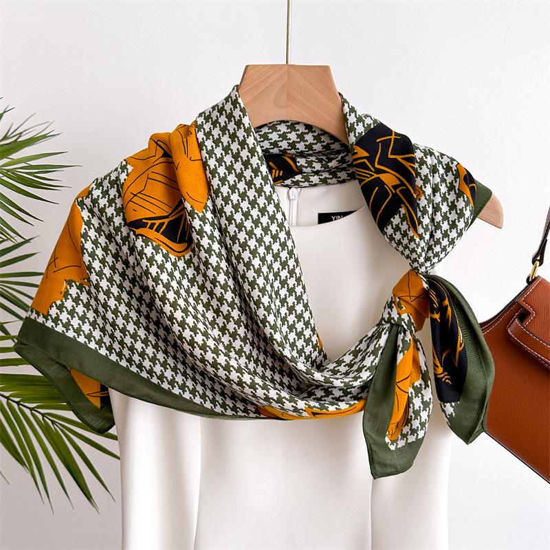 Color Matching Camellia 90Cm Simulated Silk Large Square Scarf Shawl Fashionable Versatile Printed Herringbone Scarf Headscarf Female New