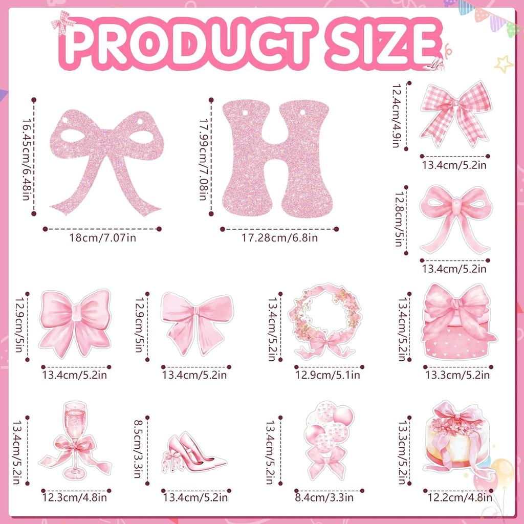 25 Pcs Pink Bow Birthday Party Decorations Glitter Happy Birthday Banner Garland Pink Hanging Swirls Bow Themed Party Decor Streamers for Girls Women