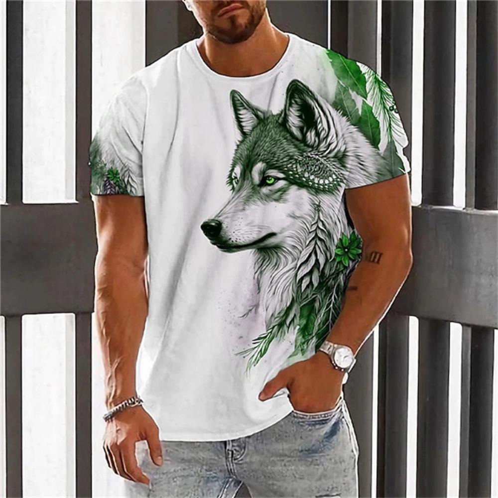New Fashion Men's Crew Neck Short Sleeve T-Shirt with 3D Wolf and Dragon Print, Men's Casual Sports Streetwear Top