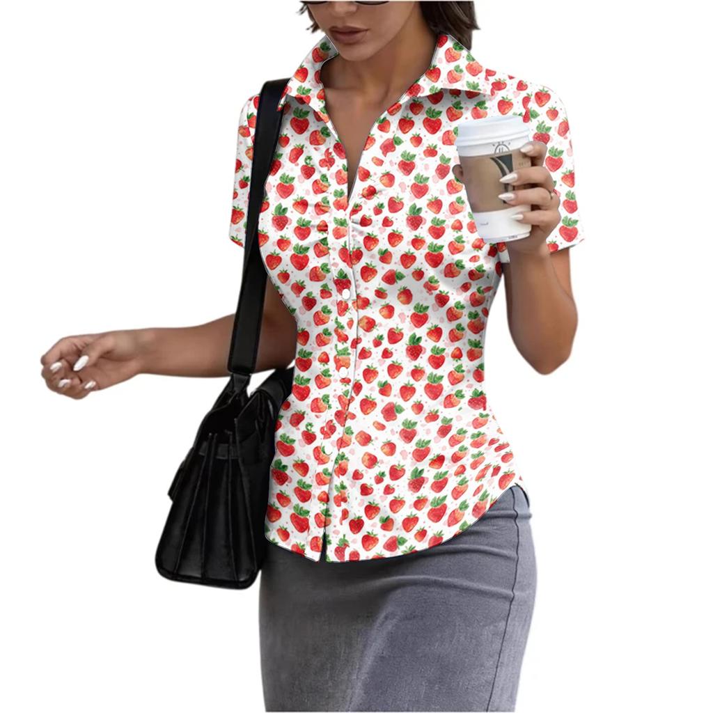 Damen Kurzarm Hemdbluse Slim Fit Knopfleiste Sommer Leichtes Bedrucktes Oberteil für Büro und Freizeit