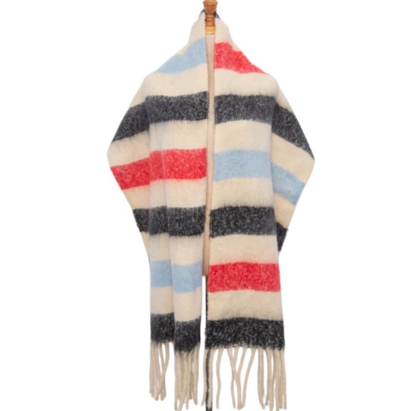 Women's Winter Colored Stripes Scarfs Vintage Casual Scarf Shawl Wraps Poncho Blanket Fringe Soft Thick Scarfs Chunky Long Shawl Scarves for Women