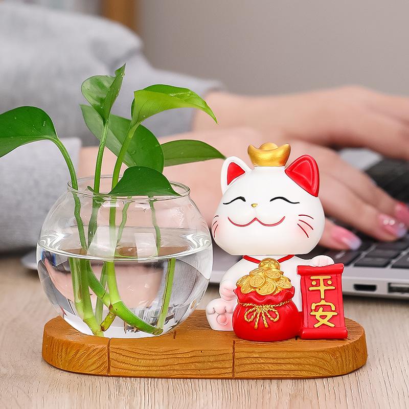 Zhaocai Cat Hydroponic Creative Vase Utensils Vase Living Room Office Desktop Decoration Zhaocai Cat Green Rose Hydroponic