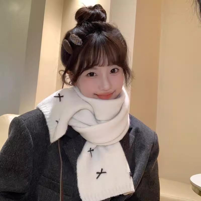 New Korean Version Bow Small Fragrant Style Cute Scarf Women's Autumn and Winter Versatile Student Warm Knitted Scarf