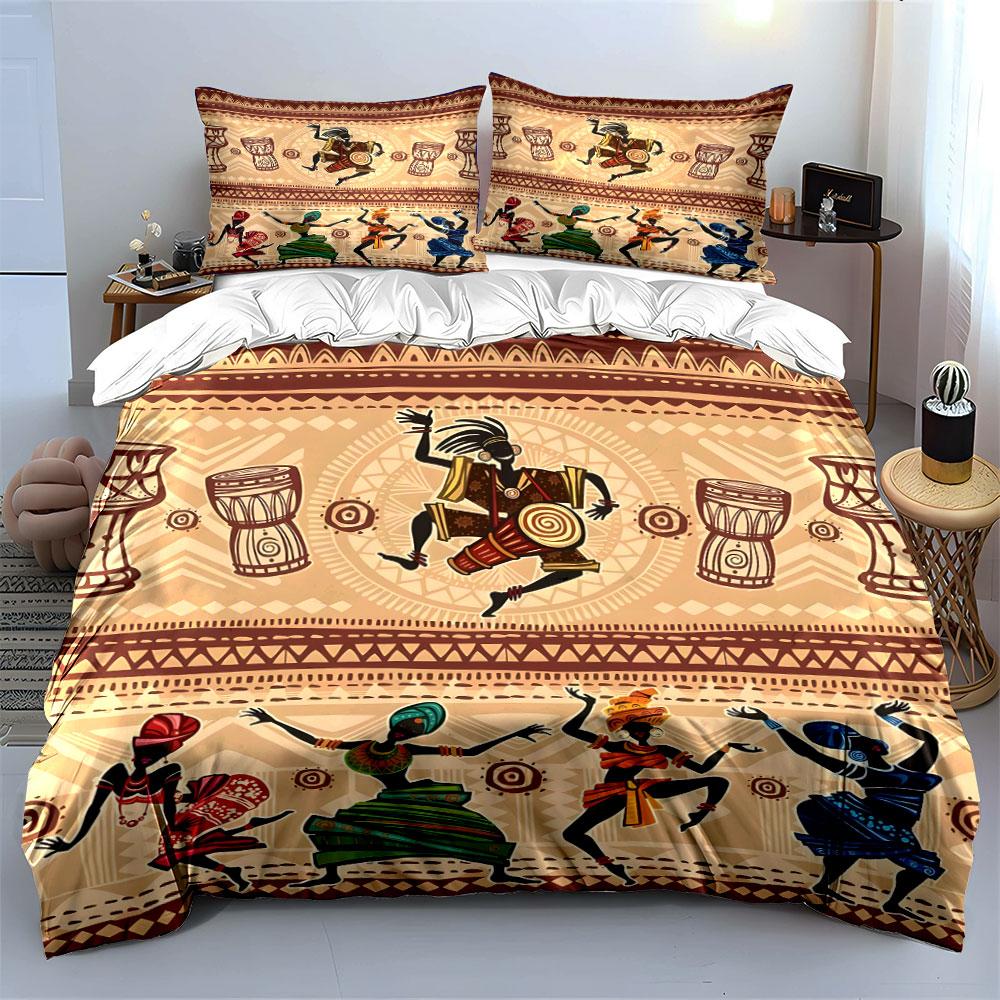 Dancers, drums, tribal patterns. Print Bedding Set 1 Duvet Cover 2 Pillowcases for Adult and Children Luxury Gift Full Size
