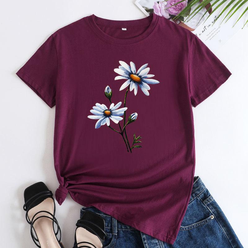 

Летняя женская одежда с цветочным принтом из чистого хлопка, свободные повседневные футболки с круглым вырезом больших размеров с короткими рукавами для женщин M вино красного