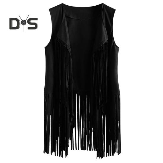 Women Cardigan Tassel Fringed Solid Color Open Stitch Vintage Western Cowboy Cosplay Hippie Sleeveless Stage Performance Role Play Lady Waistcoat