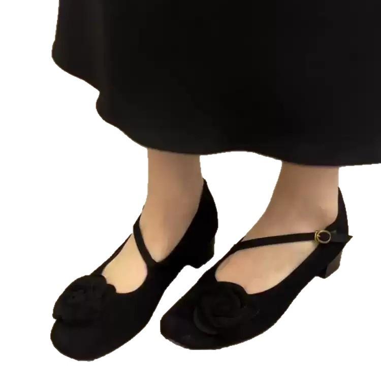 Sheepskin Version~ Retro Square Head Shallow Mouth with Mary Jane Shoes Women's Niche Fashion Flower Commuting Thick Heel Single Shoes