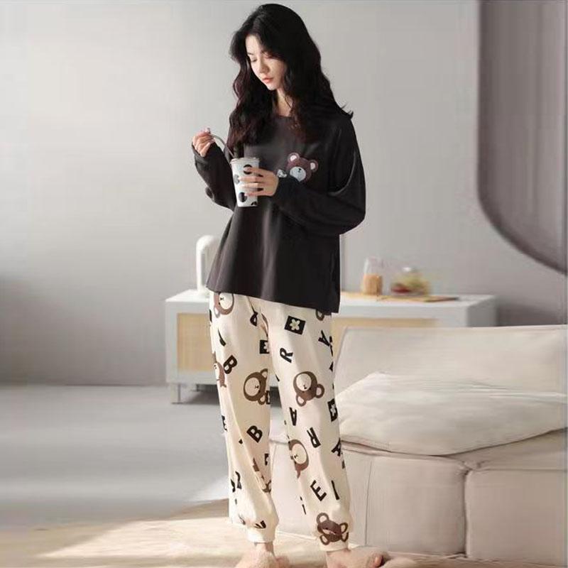 Plus Size Ladies Pajamas Set Autumn and Winter Long-Sleeved Student Homewear Two-Piece Cartoon O-Neck Long Trousers Sleepwear