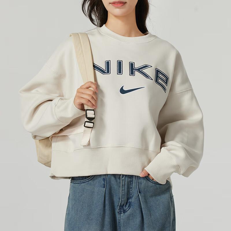 Nike Logo Outdoor Casual Sports Crew Neck Long Sleeve Sweatshirt Women Sweatshirt Beige FV7675104