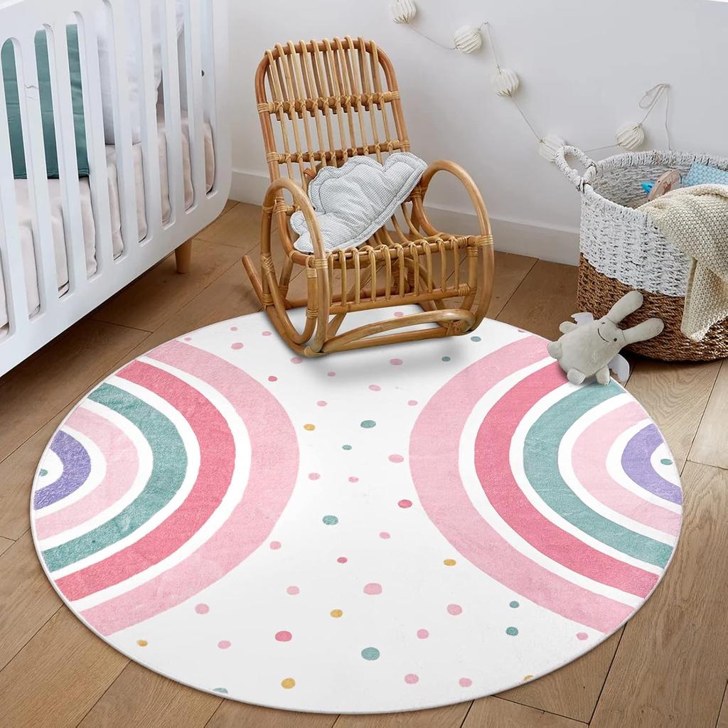 Colorful Round Rug for Nursery Rainbow Washable Rug for Playroom Kids Rug Non-Slip Bedroom Carpet for  Teepee Princess Castle