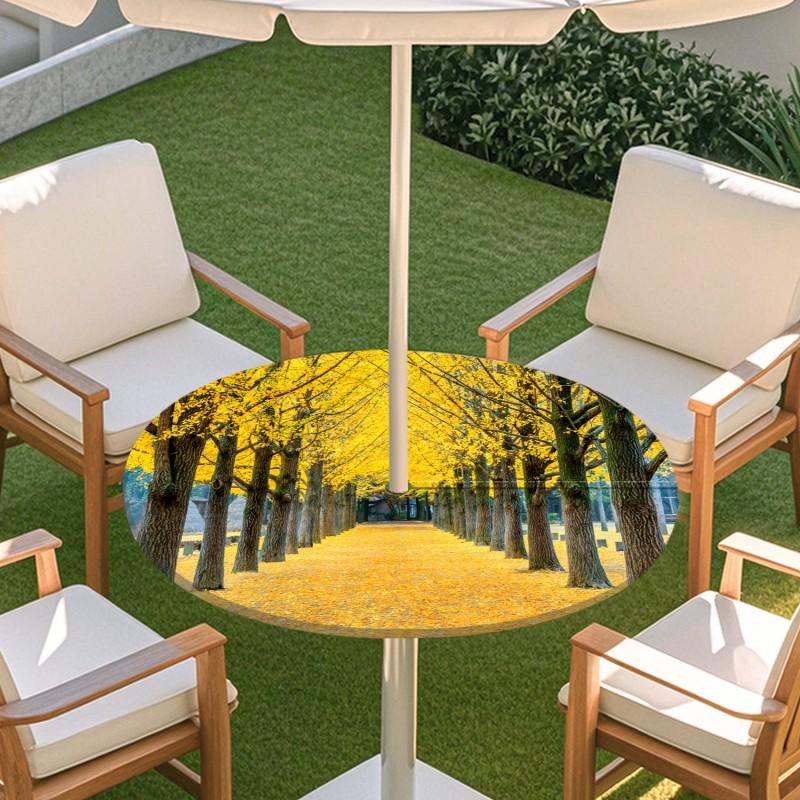 Outdoor Round Table Cover With Nature Print Waterproof Elastic Hem Patio Garden Deck