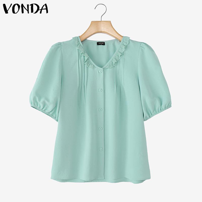 

VONDA Women Elegant V Neck Puff Sleeve Ruffled Casual Loose Blouse 5XL синий