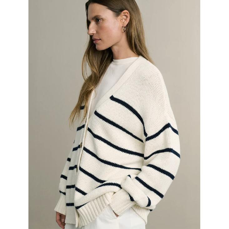 Women'S Striped Knit Cardigan V-Neck Cotton Thickened Warm Loose Fit Autumn Winter Sweater