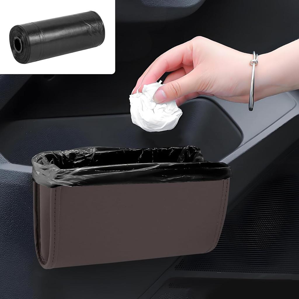 Hovom Car Trash Can, Leather Waterproof Automotive Garbage Can with Trash Bag, Hanging Mini Vehicle Trash Bin, Small Auto Door Organizer Storage