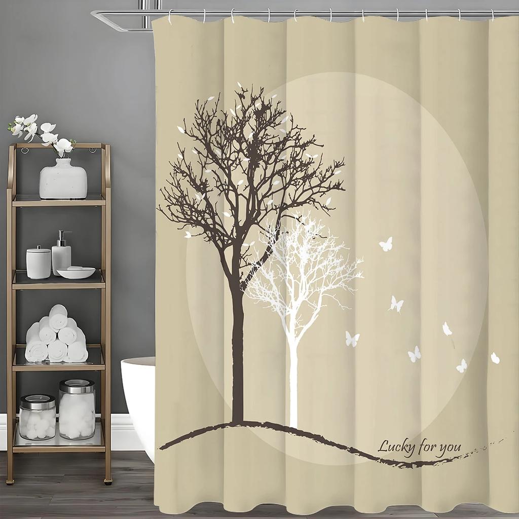Tree Butterfly Shower Curtain, Bathroom Decorative Shower Curtain, Waterproof Shower Curtain with Hooks