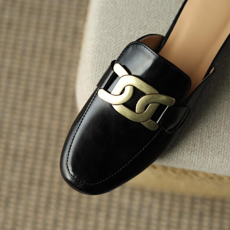 Fashion Women's New Spring/Summer Round Head Metal Buckles with Genuine Leather Comfortable Mid Heel Baotou Muller Slippers 44 45 46