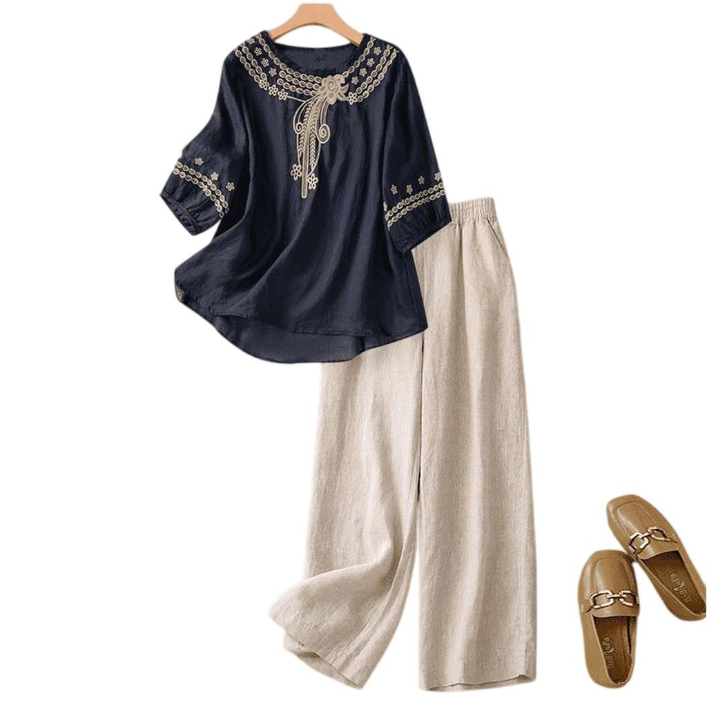 Stylish Two-piece Cotton-linen Set: Top, Vintage-inspired, Casual, And Wide-leg Pants.