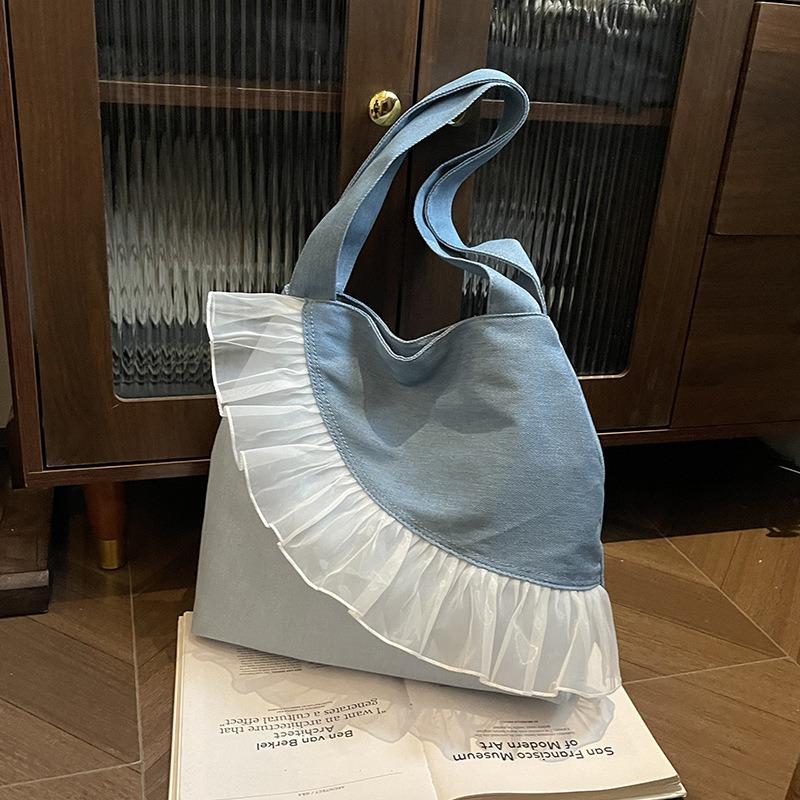 Stylish Large-capacity Splicing Tote Bag Women's New Sweet Lace Shoulder Bag Casual Commuter Bag