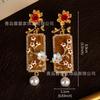 Middle Ancient New Chinese Style Palace Relief Flower Square Brand Earrings Long Temperament Heavy Industry Enamel Available Purchase