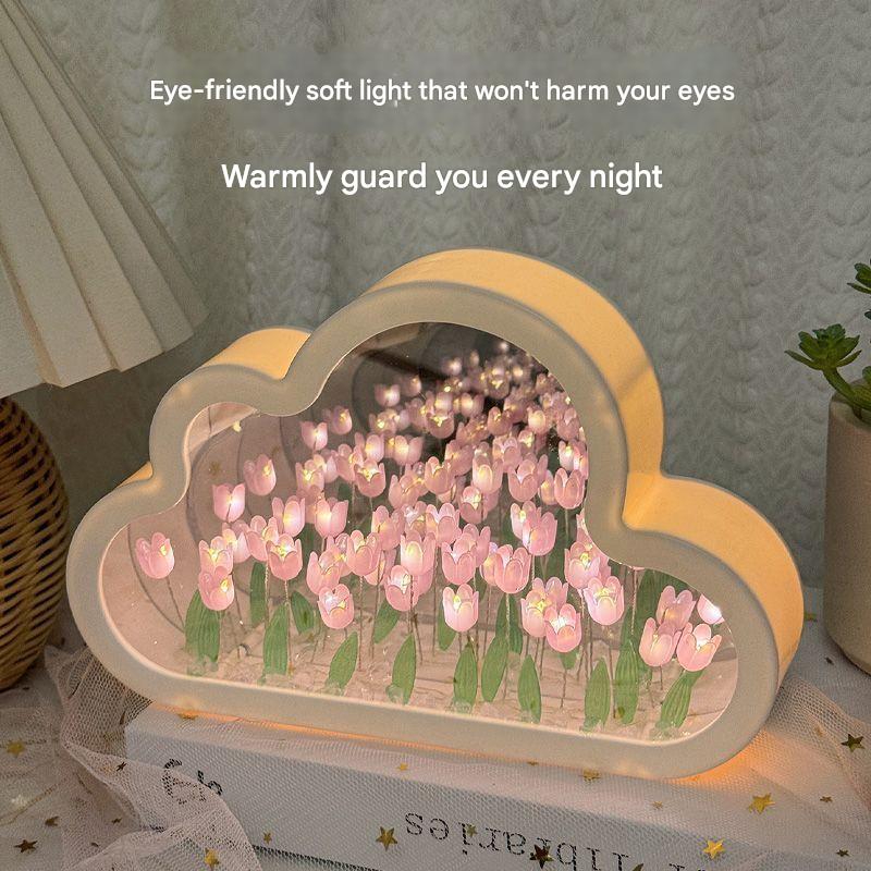 Creative Cloud Tulip Night Light DIY Handmade Mirror Flower Sea Atmosphere Lamp Desktop Decoration Birthday Holiday Gift
