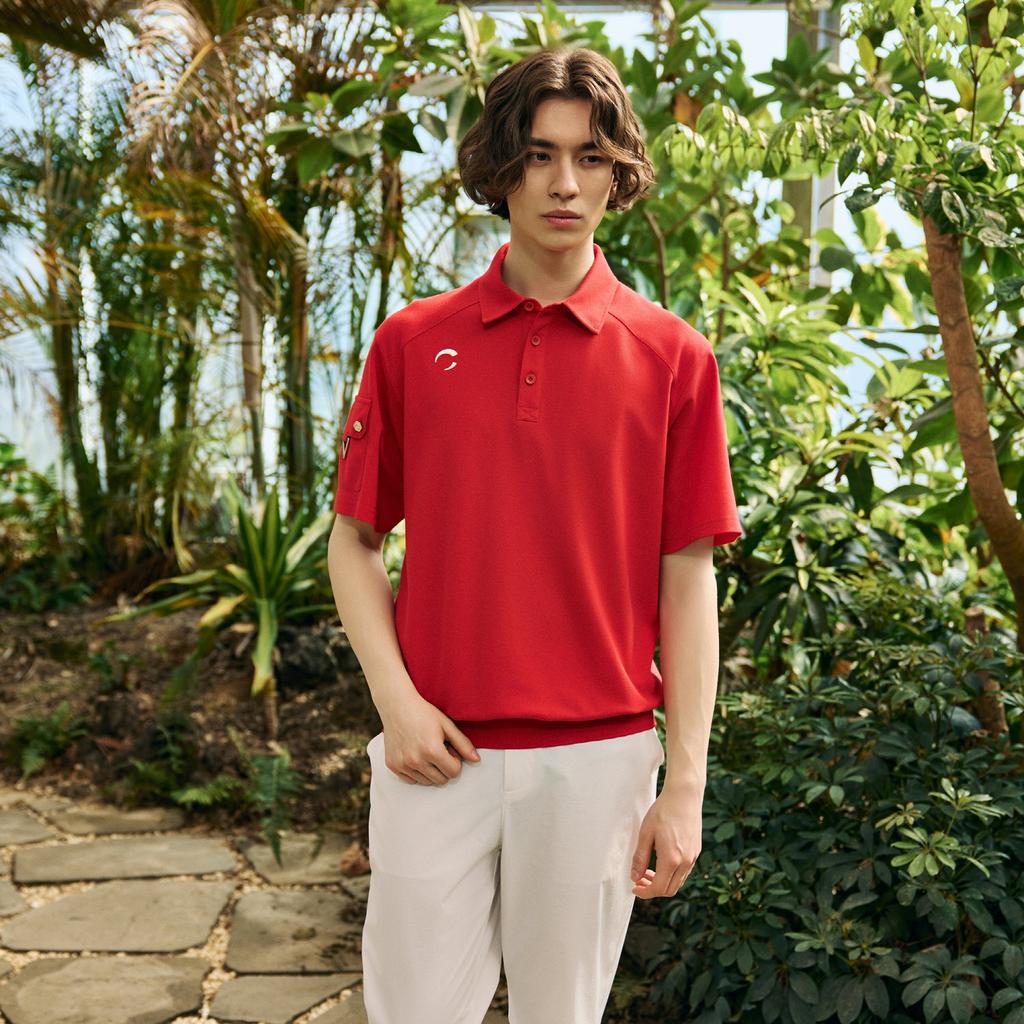 CHALLENGER Men'S Pq Blouson Raglan Cut-Out Short Sleeve Collared T-Shirt Red