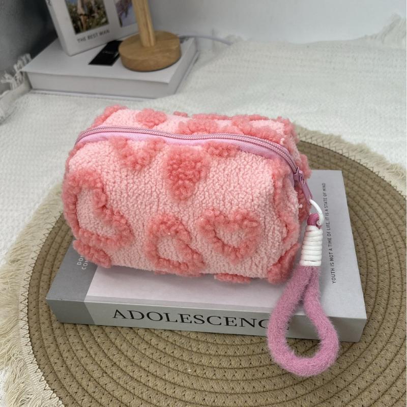 Plush Makeup Bags with Handle Soft Travel Cosmetic Storage Bag Portable Love Print Organizer Pencil Case Cute Clutch Pouch