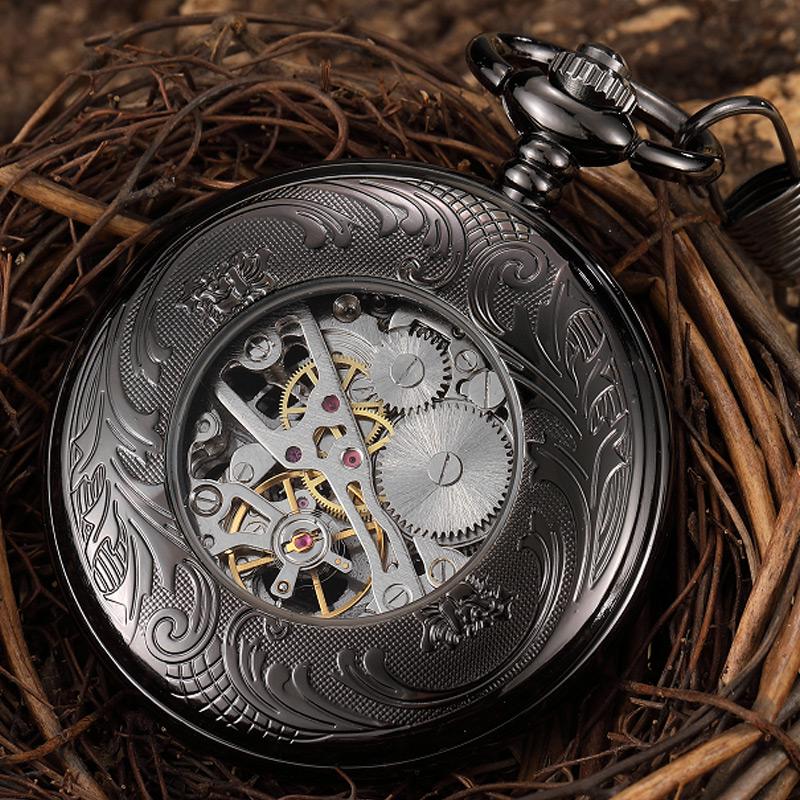 Steampunk Gear Hand Wind Mechanical Pocket Watch Vintage Black Skeleton Hollow Hand Fob Chain Watch Men With Roman Numbers