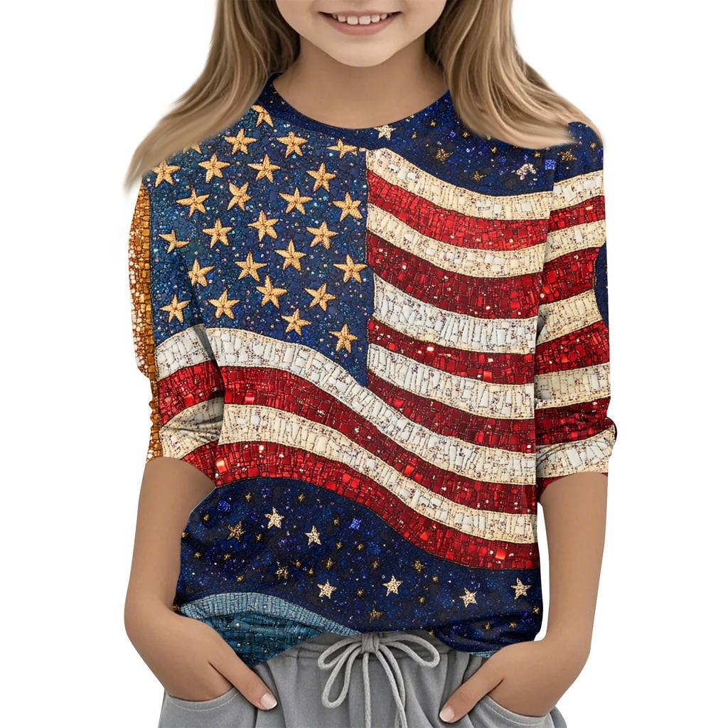 Children's Fashion Printed Round Neck Three-quarter Sleeve Top Casual T-shirt