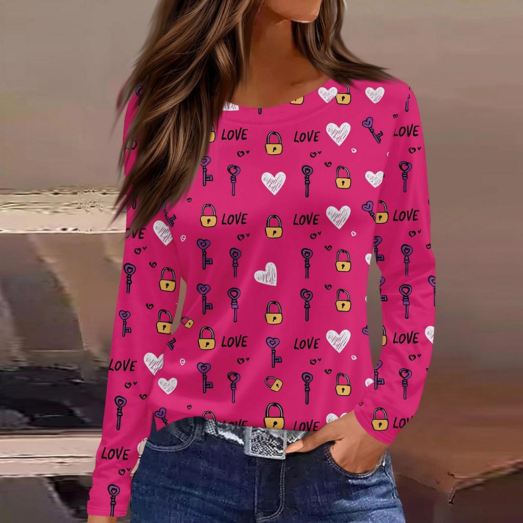 Women's Fashionable Long-Sleeved Round Neck Top with Slit Hem and Valentine's Day Heart Print